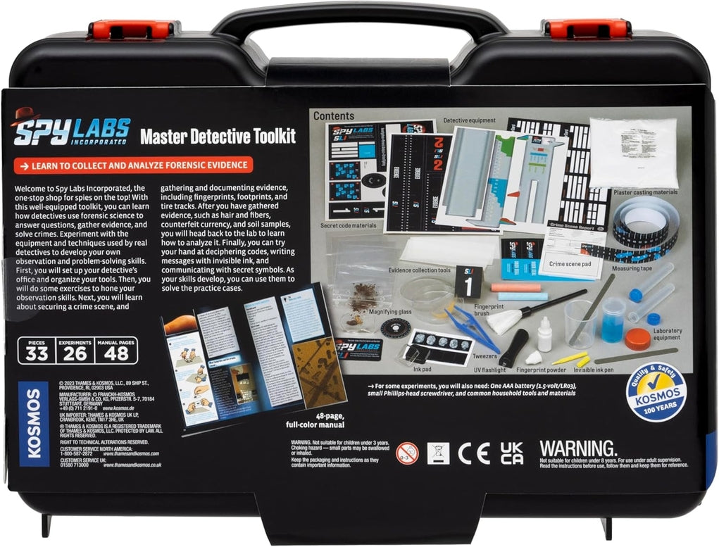 Spy Labs Master Detective Toolkit packaging with various components and text on a black background