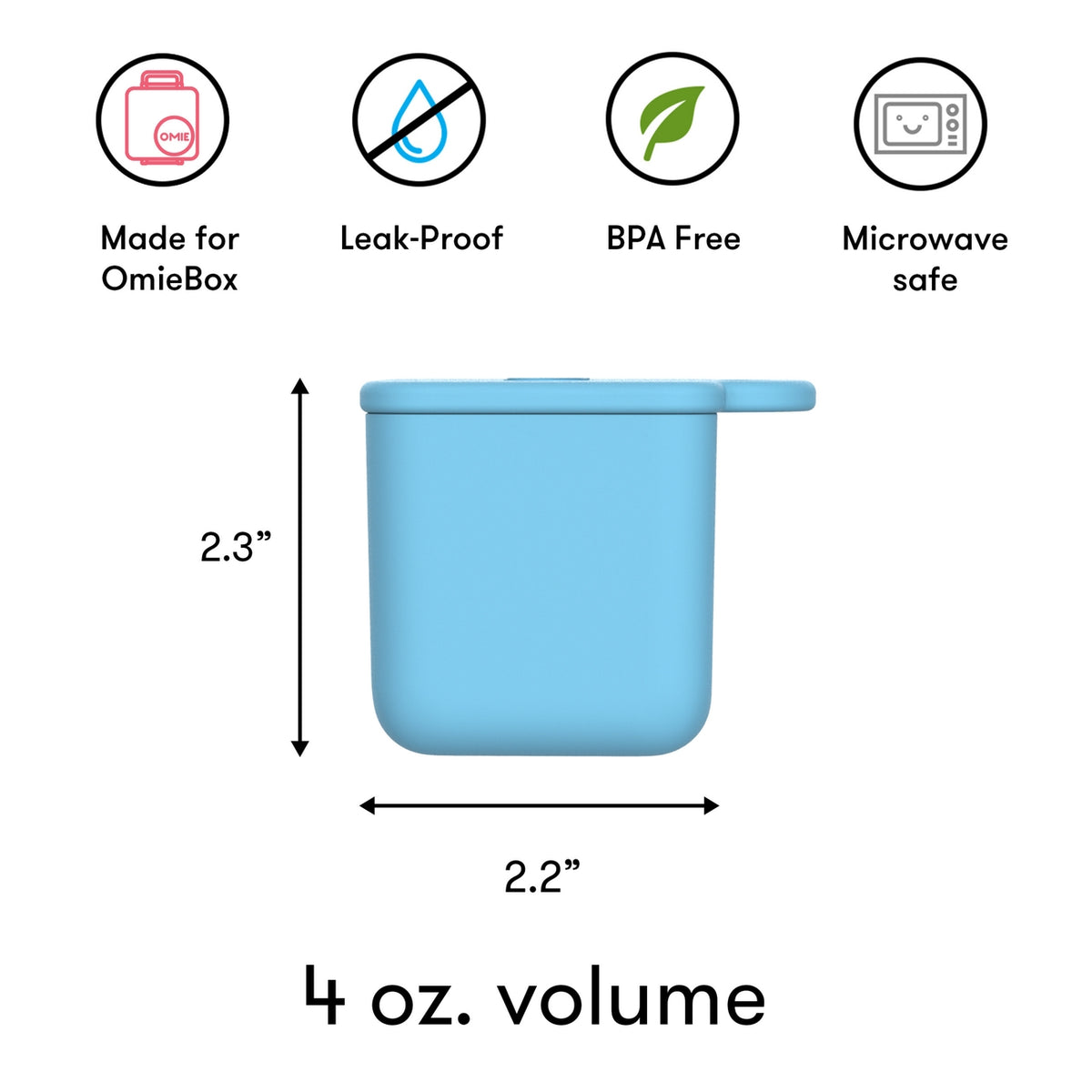 Blue container with features and dimensions on a white background