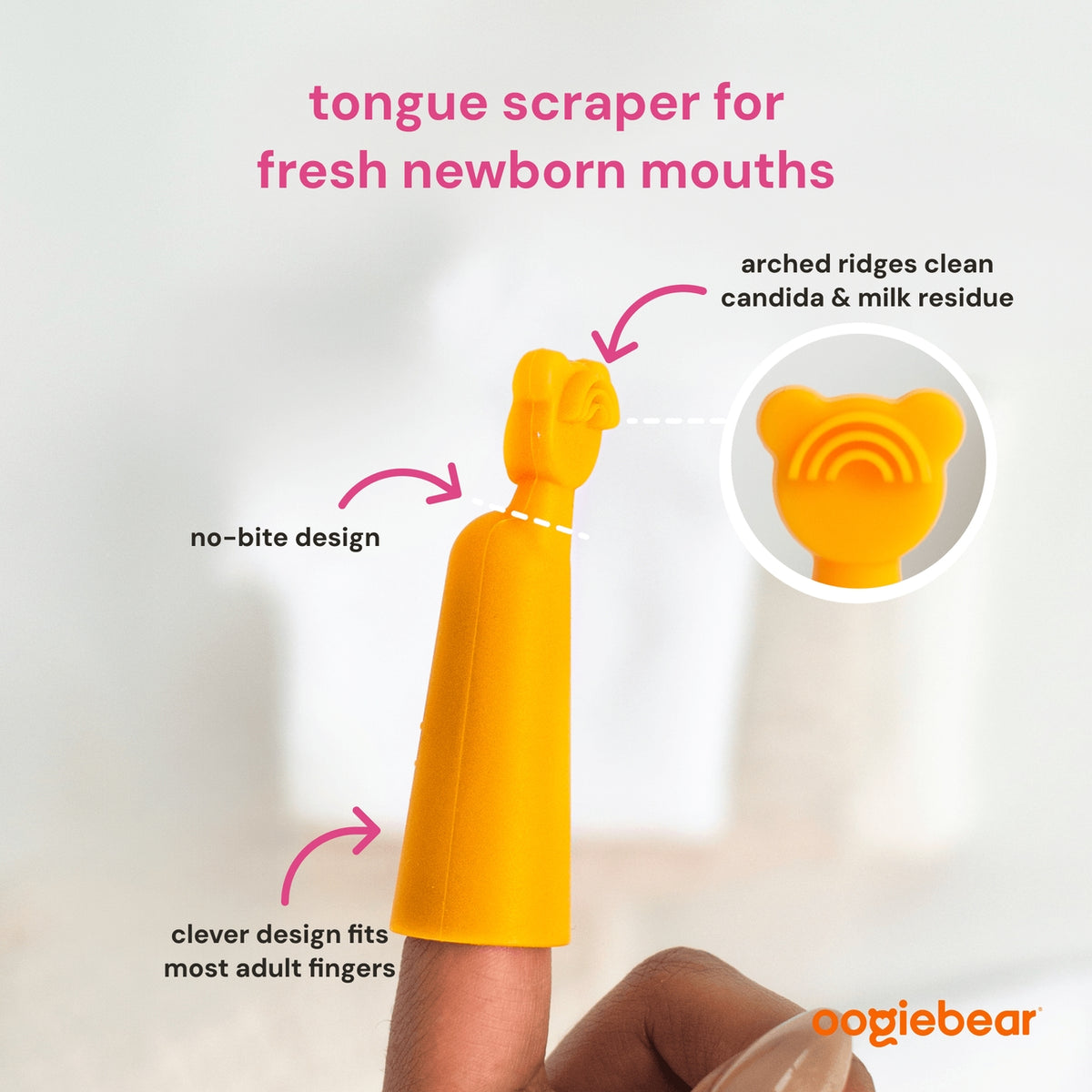 Yellow tongue scraper for newborns with features highlighted on a light gray background