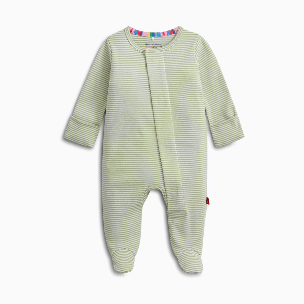 A baby long-sleeve footed sleeper in a light sage green and white stripe pattern, featuring a colorful striped inner collar and a small red tag on the leg.