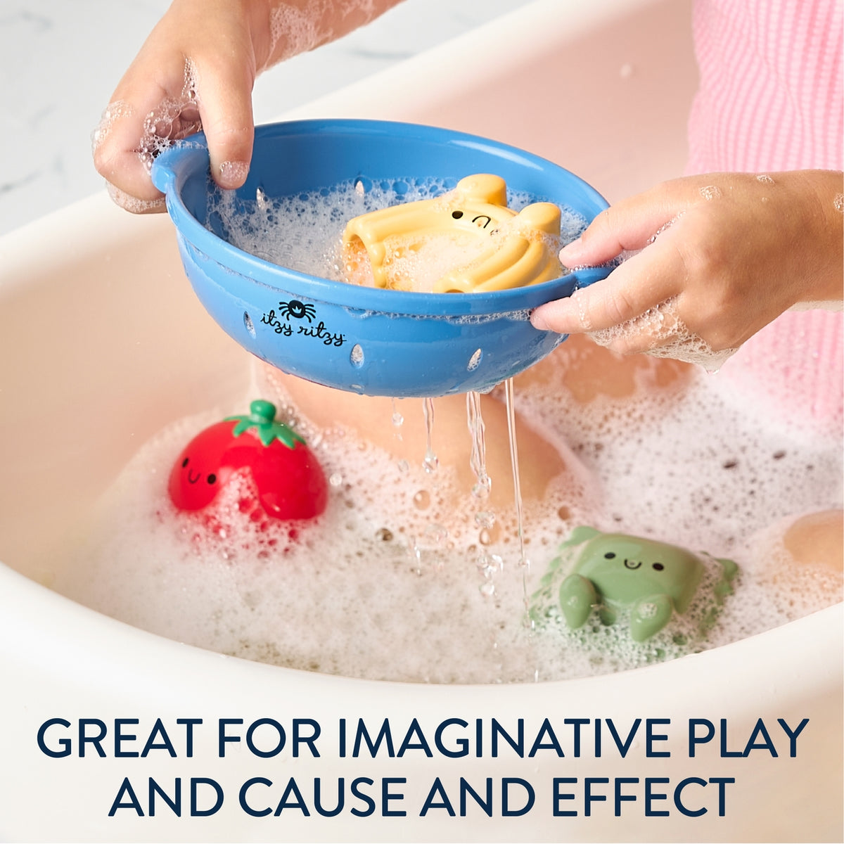 Children playing with bath toys in a bathtub, including a blue colander with a yellow bear toy.