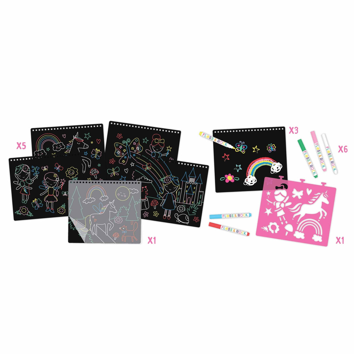 Coloring books and stencils with markers on a white background