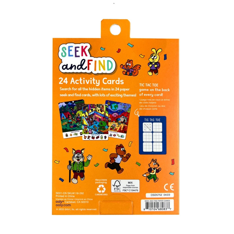 Packaging of Seek and Find 24 Activity Cards with cartoon animals on an orange background