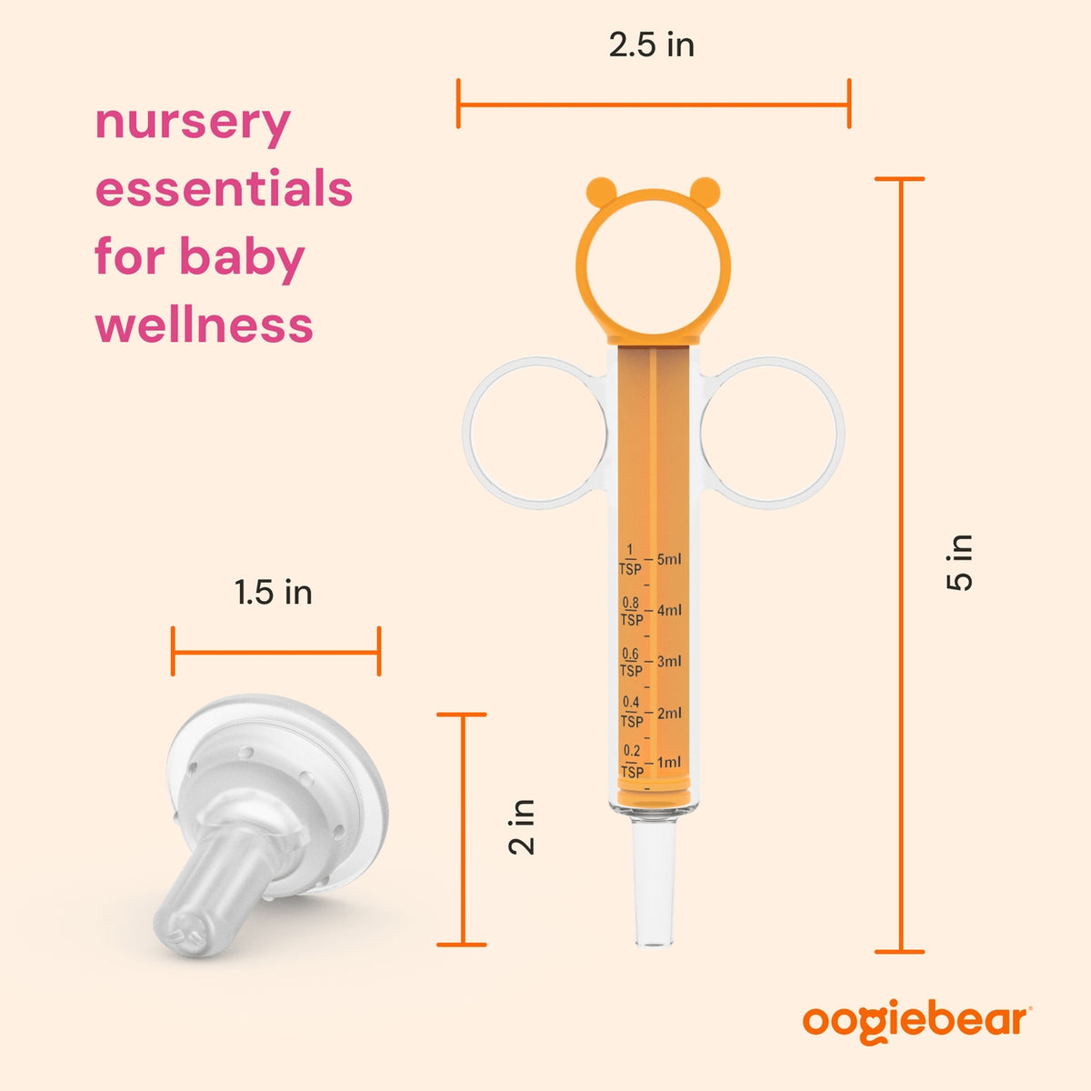 An orange and white baby feeding measuring cup with a bear-shaped loop handle, shown with dimension callouts (2.5 in, 5 in, 1.