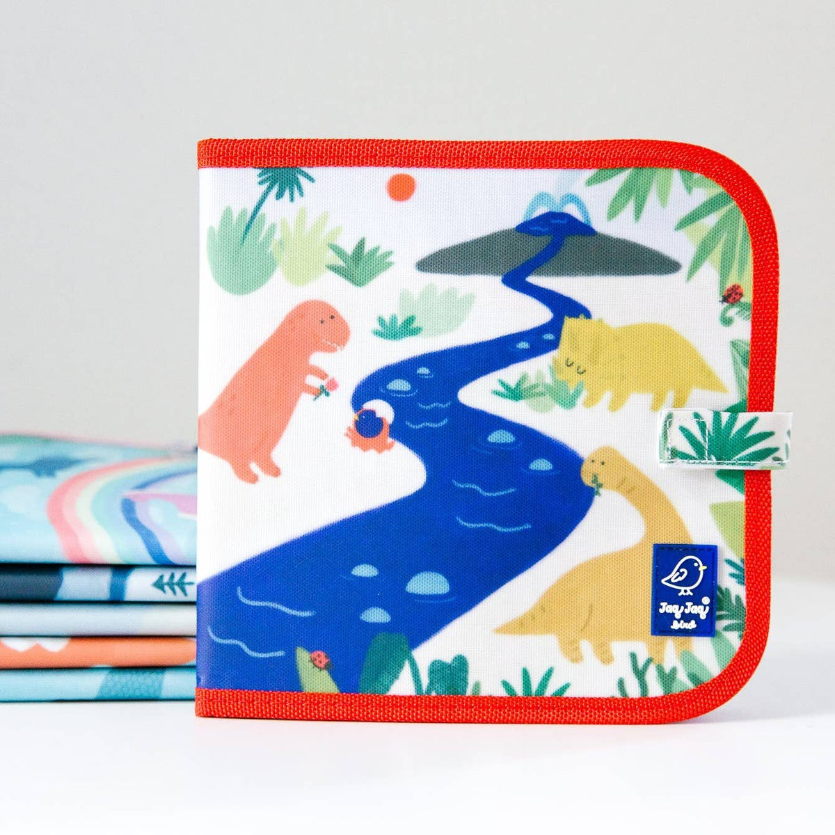 Children's book with dinosaur illustrations on a white background