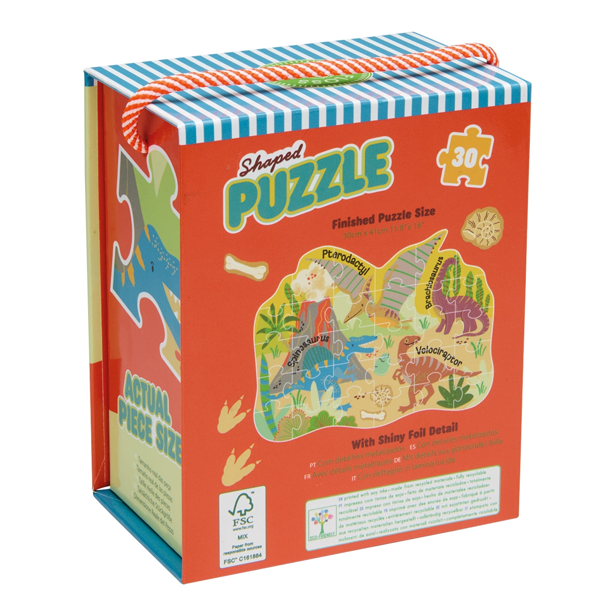 Shaped puzzle packaging with dinosaur illustrations on a white background
