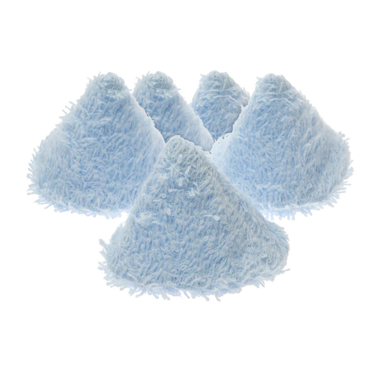 Four light blue fluffy textured cone-shaped sponge pads arranged on a plain white background.