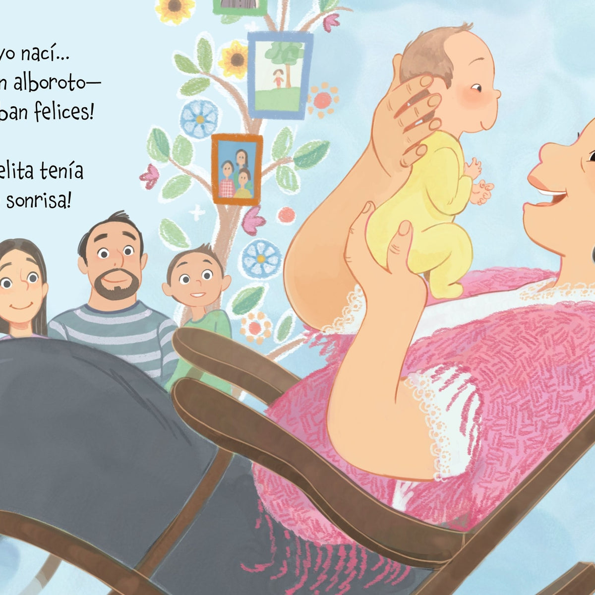 Illustration of a woman holding a baby with family in the background, featuring text in Spanish and English.