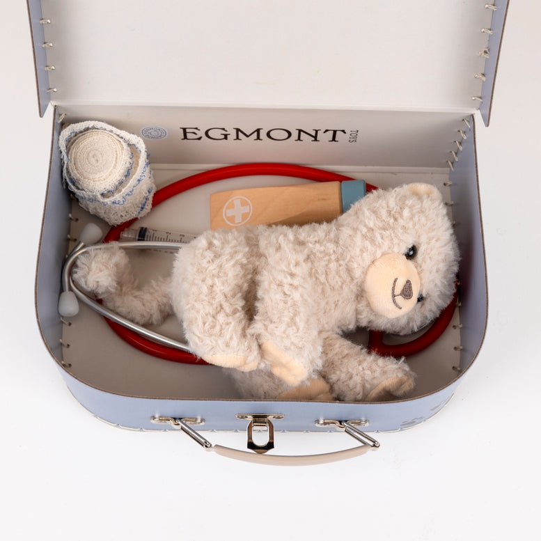 Egmont toy set with teddy bear, stethoscope, and medical tools in a suitcase.