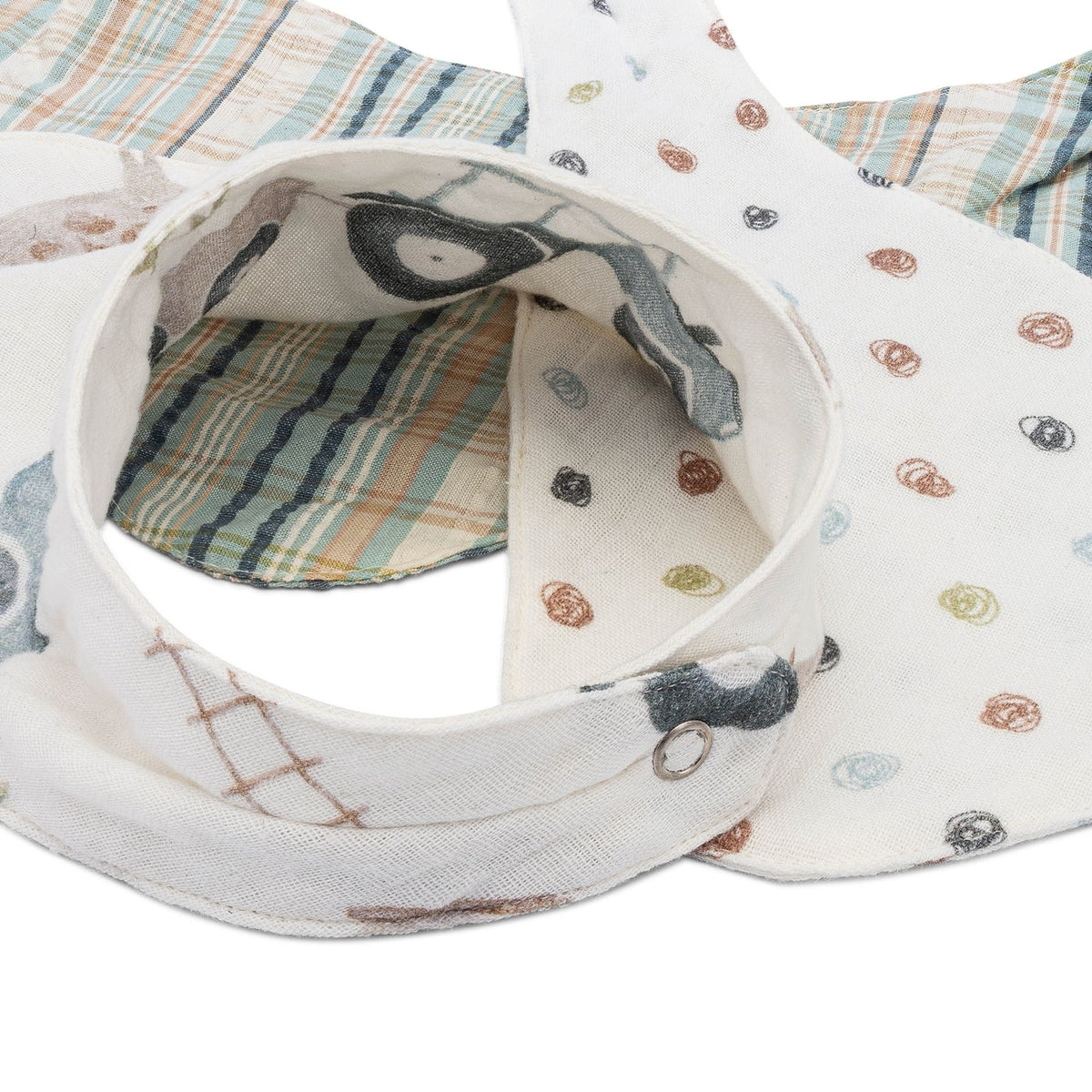 Two baby bibs with different patterns on a white background