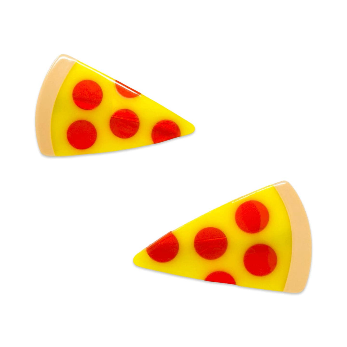 Two pizza slice-shaped objects with red dots on a white background