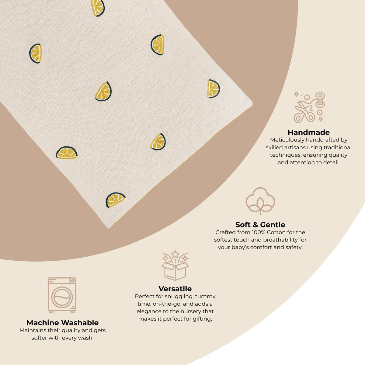 Product packaging with lemon pattern and text about product features on a beige background