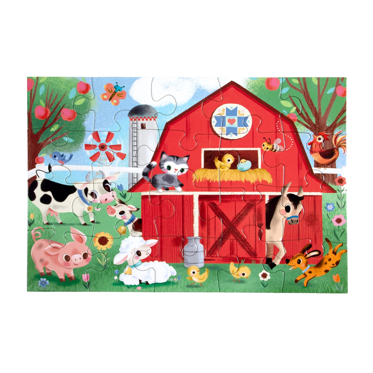 A colorful children's jigsaw puzzle depicting a farm scene with a red barn, cows, pig, sheep, duck, chicken, horse, trees, and flowers, shown against a plain white background.