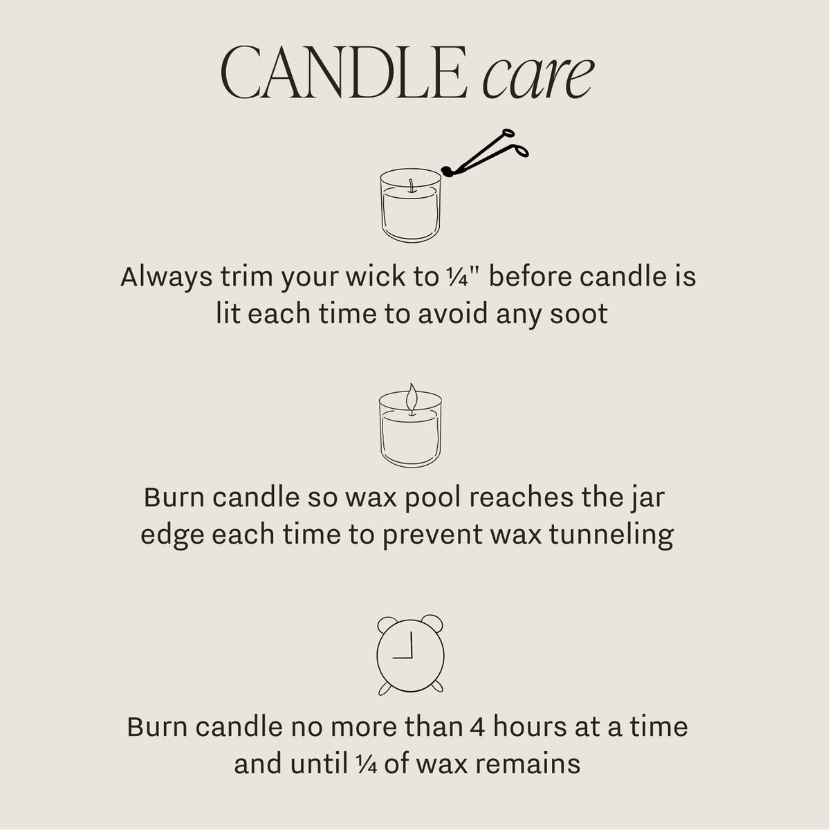Candle care instructions with illustrations on a beige background
