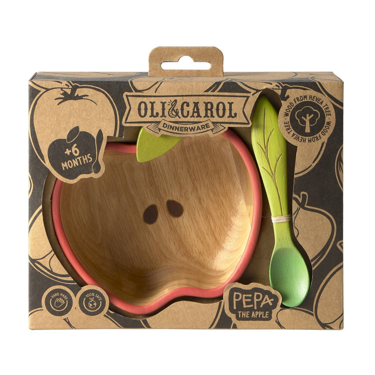 Oli & Carol children's dinnerware set packaging with a wooden bowl and green spoon.