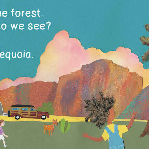 A colorful illustration from the book A Walk In The Forest showing a landscape with mountains, a camper van, a tent, and a giant sequoia tree, accompanied by the text: "A walk in the forest. What trees do we see? 1 giant Sequoia."