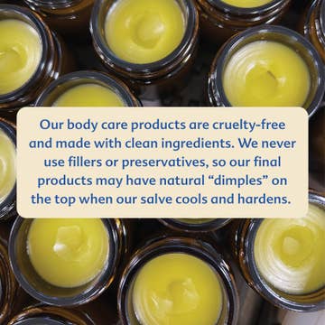 Jars of yellow body care product with a text overlay about product details.