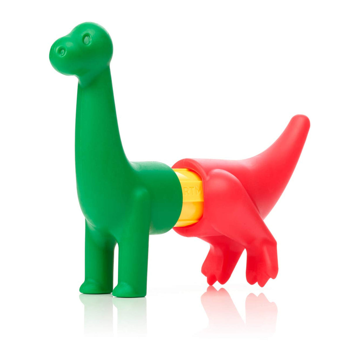 Two toy dinosaurs, one green and one red, on a white background