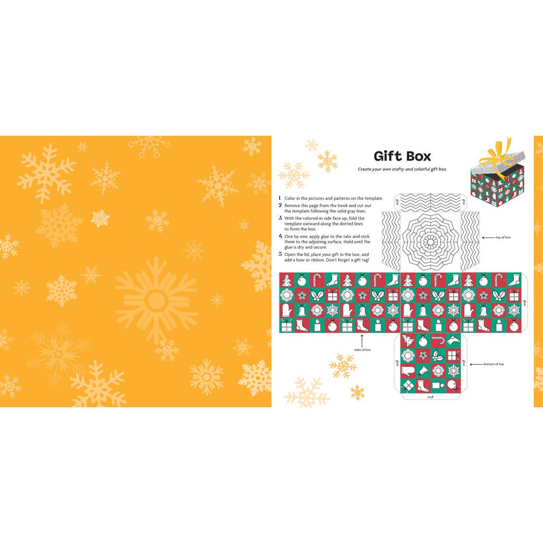 Design sheet for a gift box with snowflake patterns and color swatches.