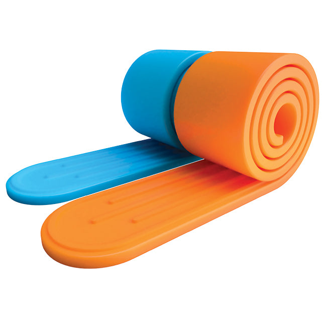Orange and blue foam roller on a white background