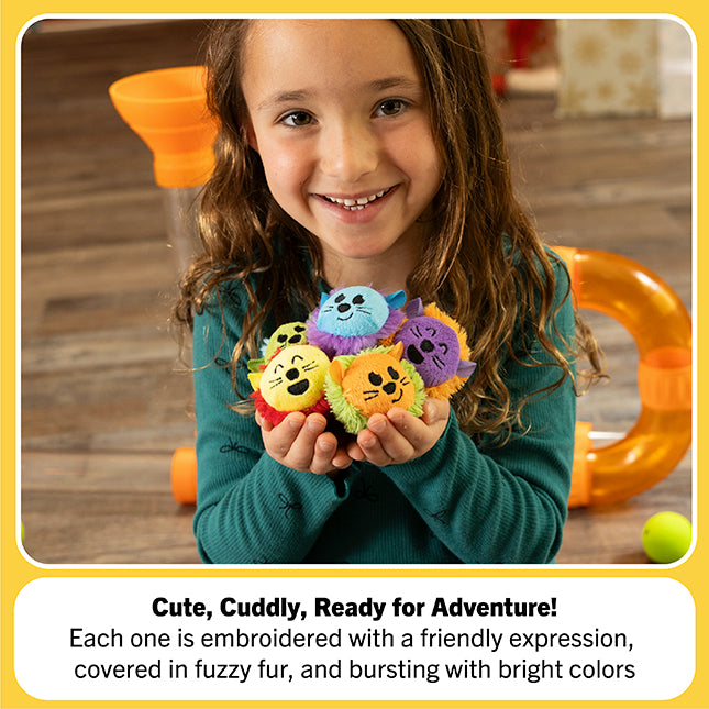 Child holding colorful embroidered toys with a text overlay about their features.