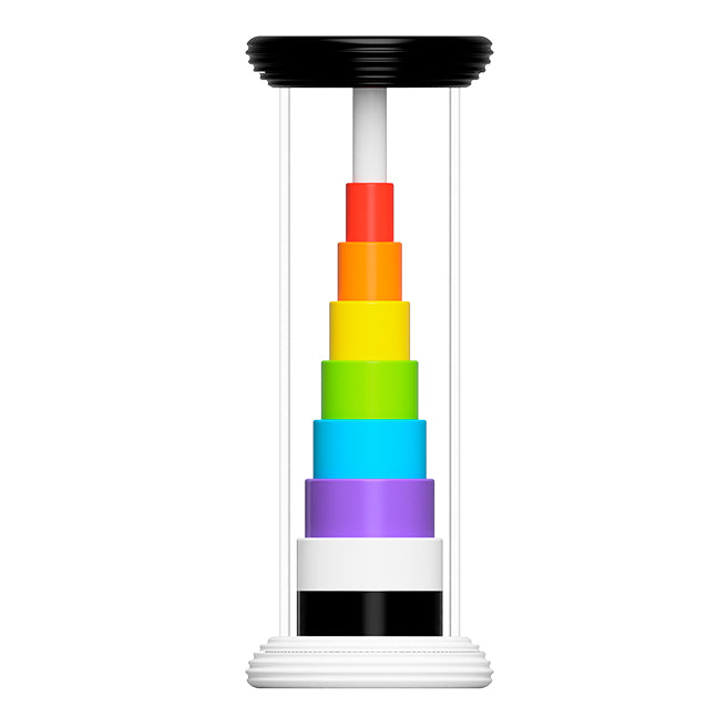 Colorful tower toy with stacked rings on a white background