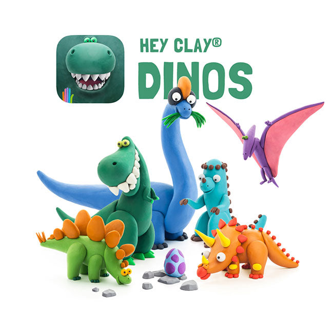 Colorful dinosaur toys with 'Hey Clay Dinos' branding on a white background