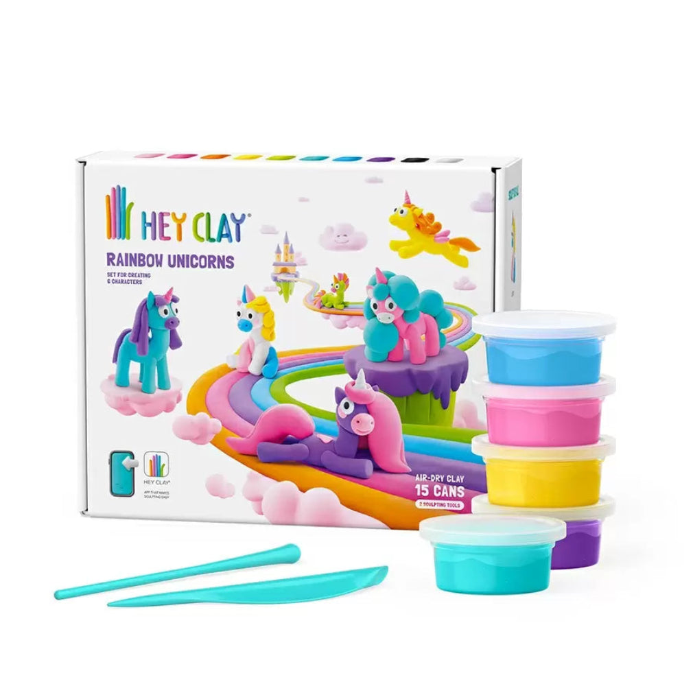 Hey Clay Rainbow Unicorns play set with packaging, clay containers, and tools on a white background