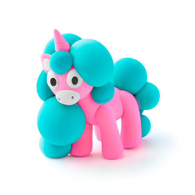 Colorful unicorn figurine with turquoise hair and pink body on a white background