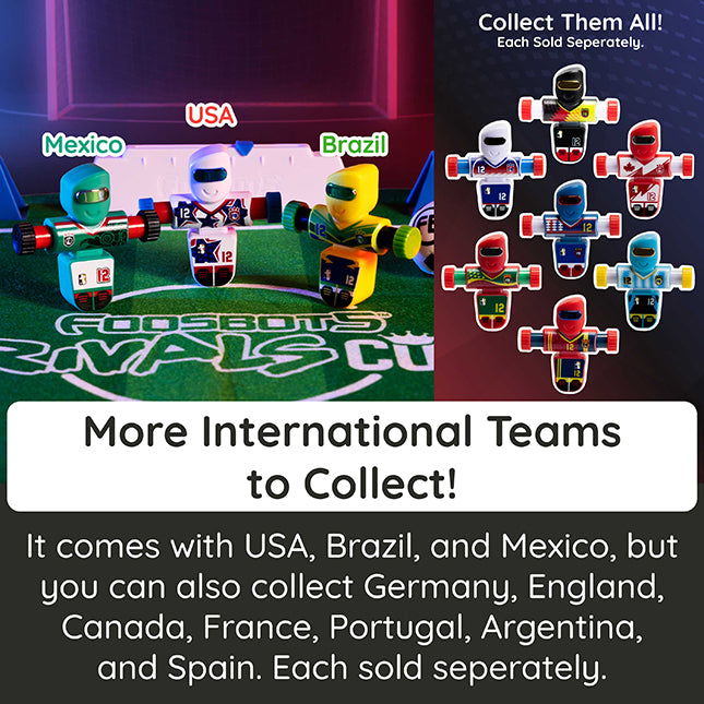 Collage of toy figures and soccer balls on a miniature field with promotional text.