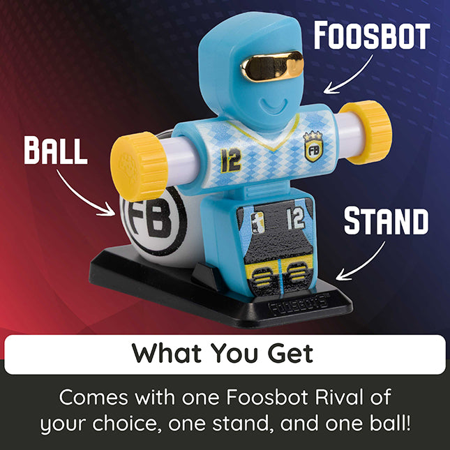 Foosbot toy with labeled ball, stand, and branding on a dark background