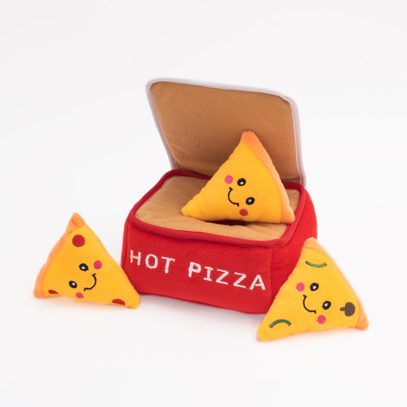 Plush toy shaped like a pizza with a red container labeled 'Hot Pizza' on a white background