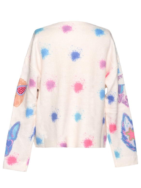 An off-white knit sweater with colorful paint splatter dots in pink, blue, and purple, featuring embroidered patches on the sleeves, shown from the back on a white background.