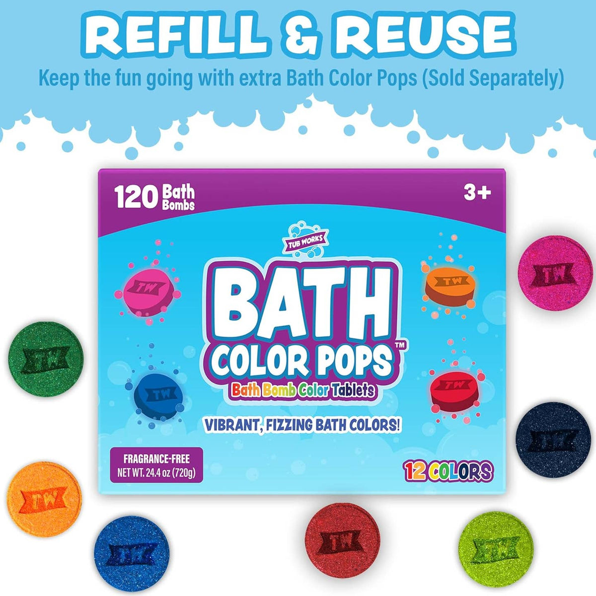 Box of Bath Color Pops with colorful bath bomb tablets on a blue background