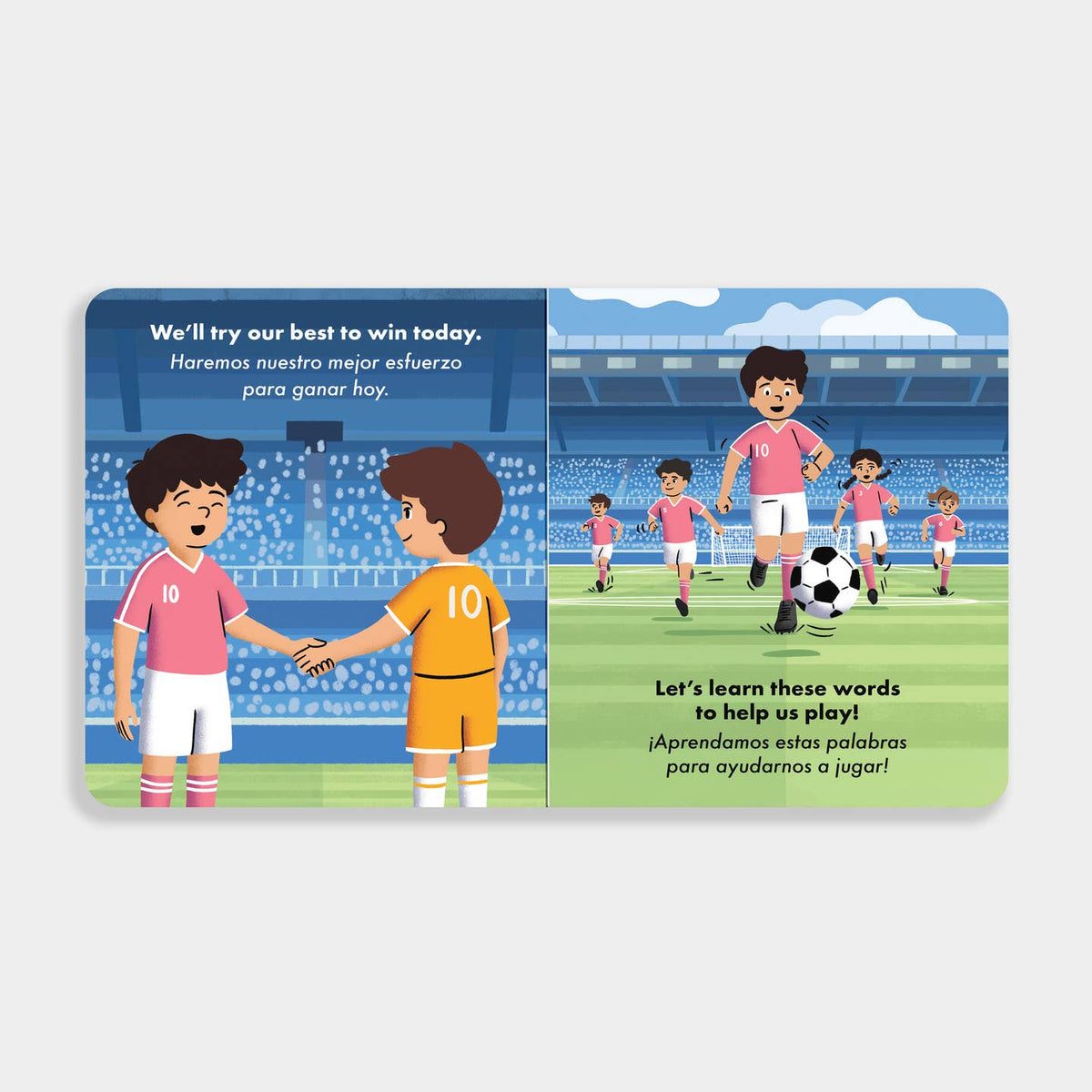 Children's book with soccer-themed illustrations and text on a blue background