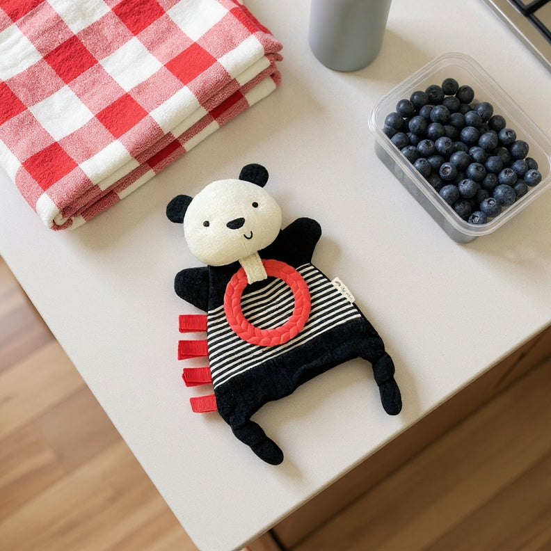 Plush toy panda with a red ring on a white surface next to a checkered cloth and container of blueberries.