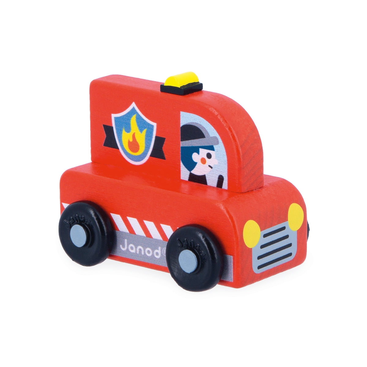 Red toy fire truck with a Janod logo on a white background