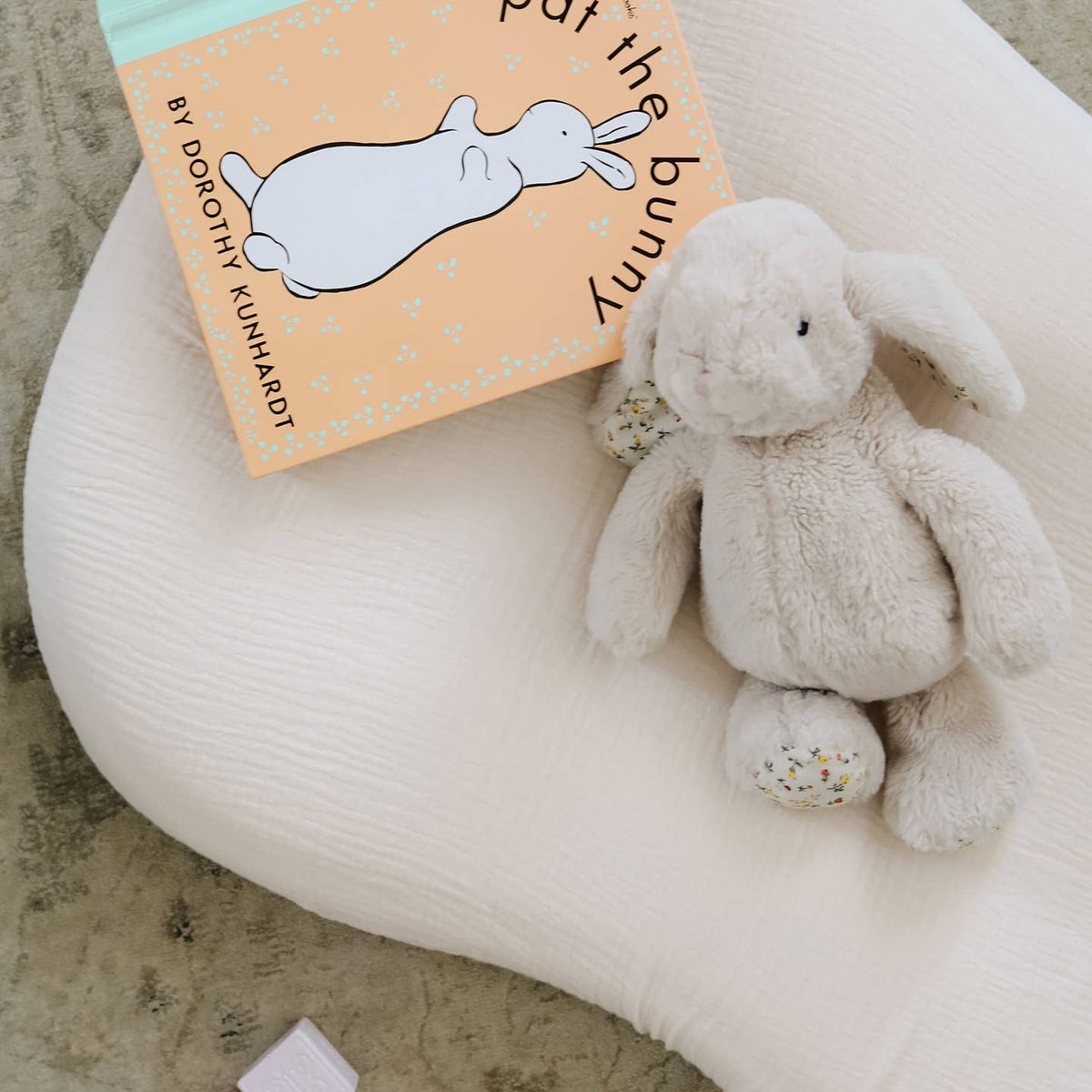 Plush bunny toy and book titled 'Pat the Bunny' on a textured surface