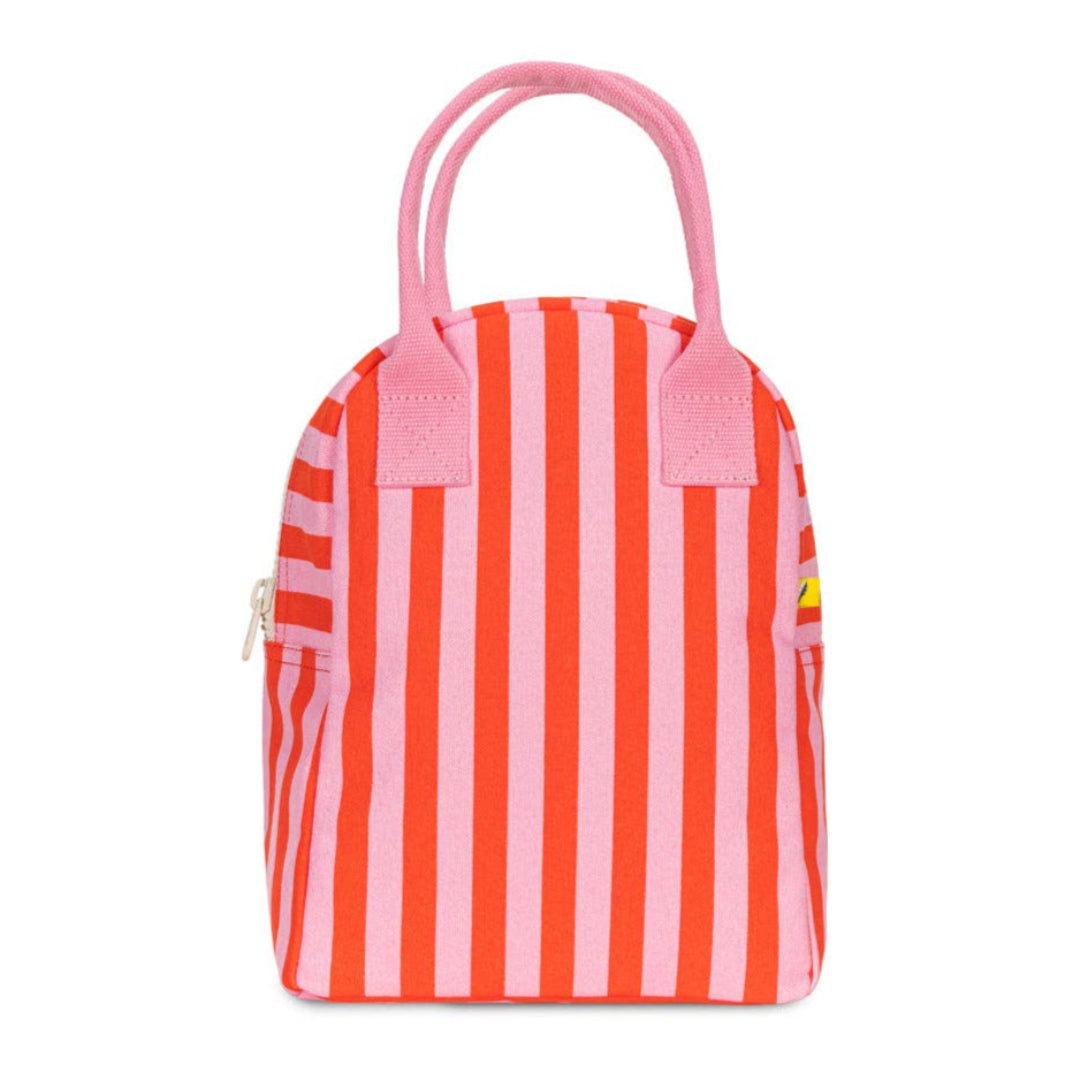 Red and pink striped bag with a handle on a white background
