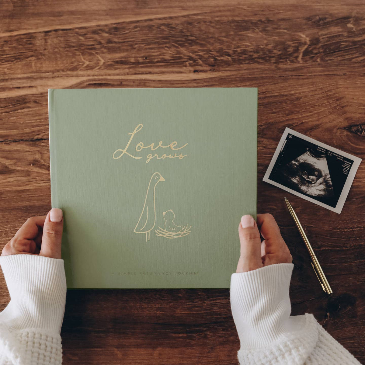 Green book titled 'Love Grows' held by hands on a wooden surface with an ultrasound photo.