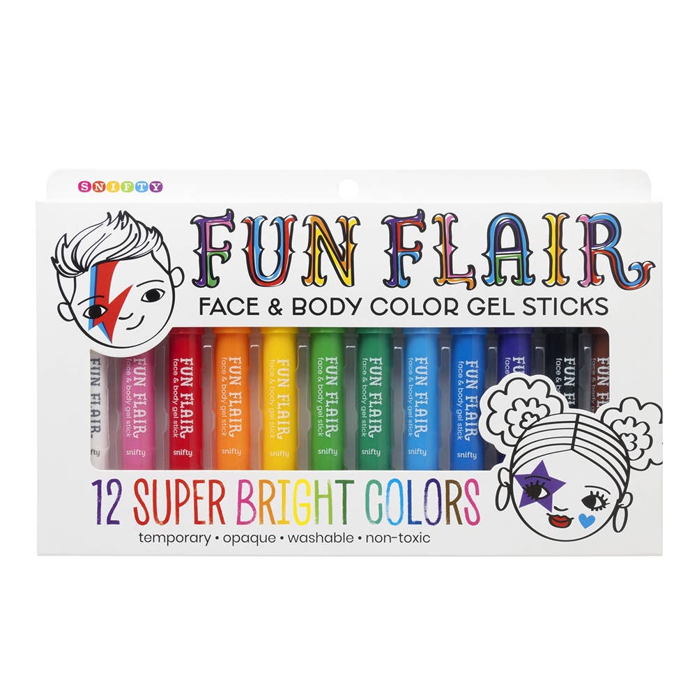 Box of Fun Flair face and body color gel sticks with colorful packaging on a white background