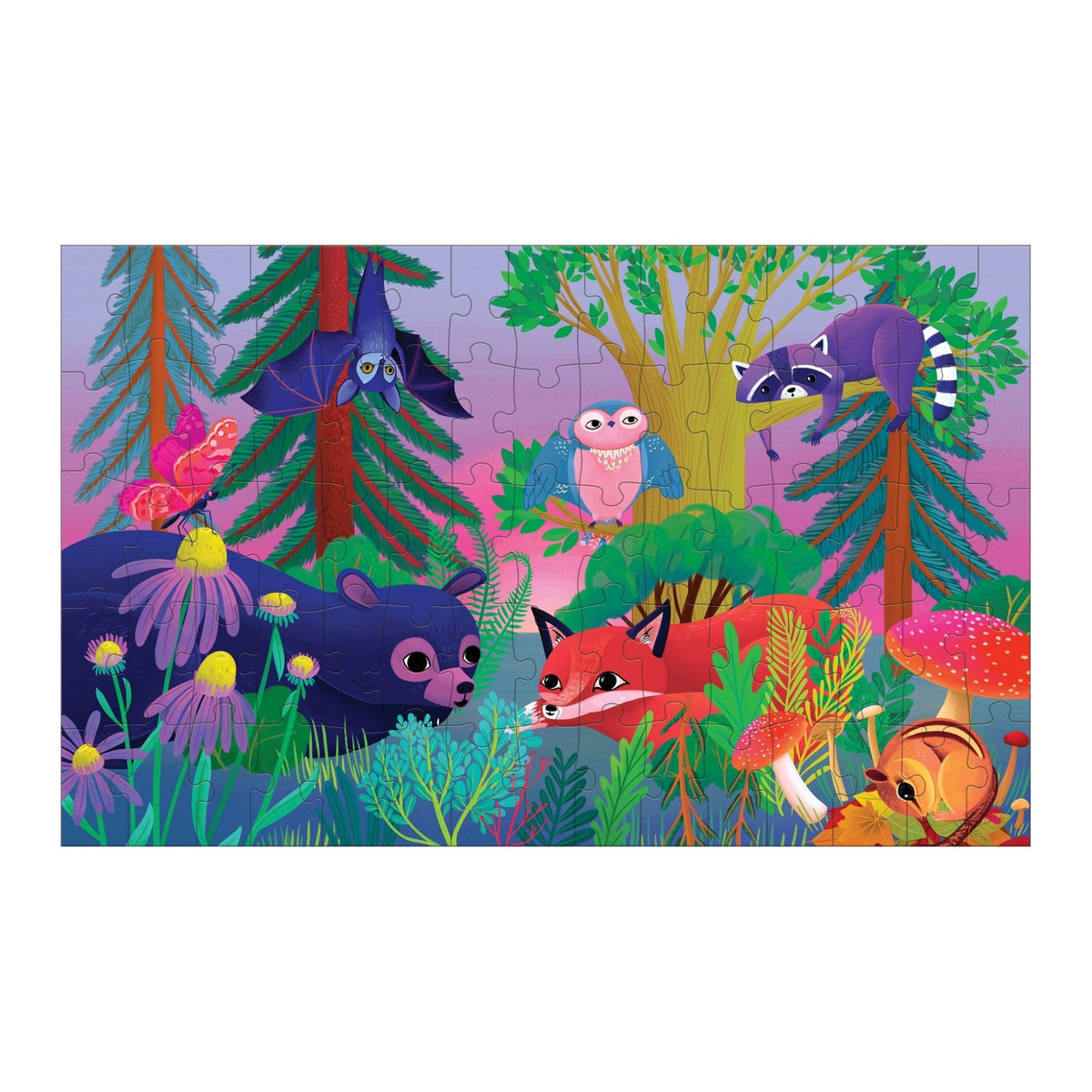 Forest Day & Night 75 Piece Lenticular Puzzle by Mudpuppy features colorful forest animals in a vibrant scene.