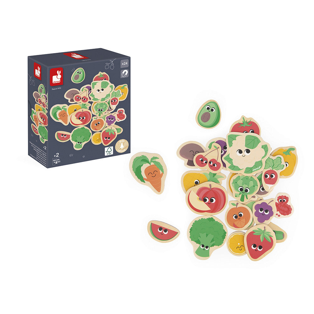 Set of colorful wooden fruit and vegetable toys with packaging on a white background