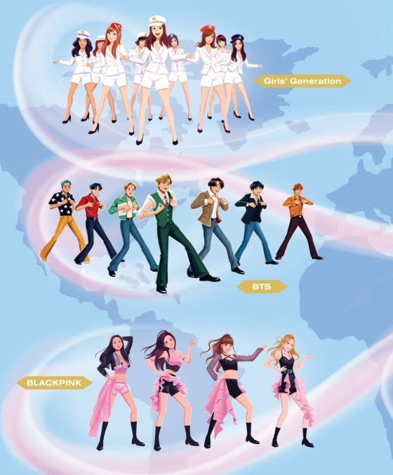 Illustration of K-pop groups Girls' Generation, BTS, and Blackpink with stylized outfits on a world map background.