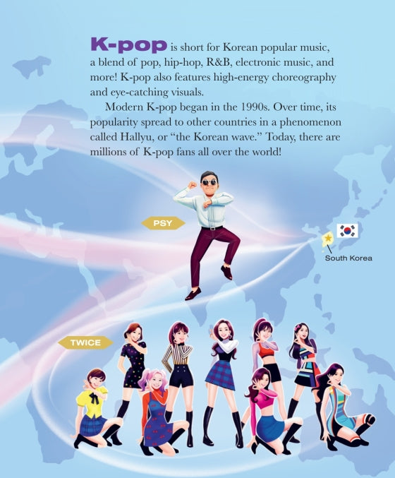 Illustration of K-pop artists with text about K-pop on a world map background