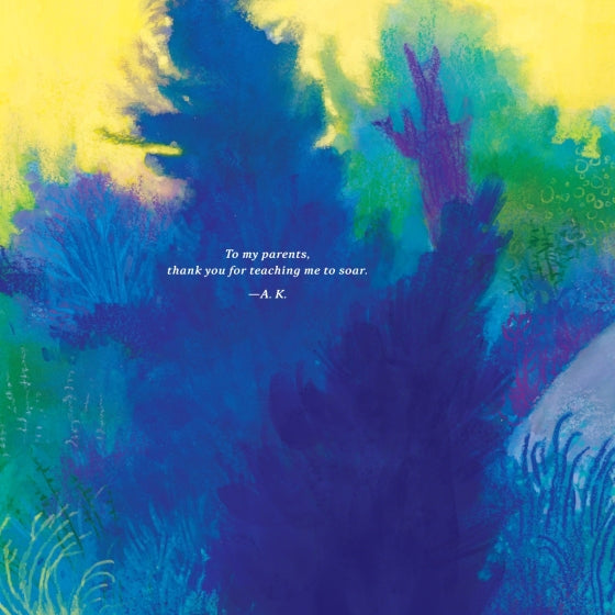 Abstract art print featuring a colorful watercolor-style landscape with blue, purple, green, and yellow brushstrokes, overlaid with the quote: 'To my parents, thank you for teaching me to soar. -A.