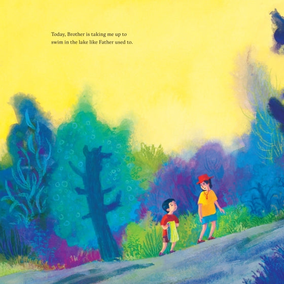 A colorful children's book illustration showing two children walking along a path in a dreamy, painterly landscape with trees and a bright yellow sky. Small black text at the top reads, 'Today, Brother is taking me up to swim in the lake like Father used to.