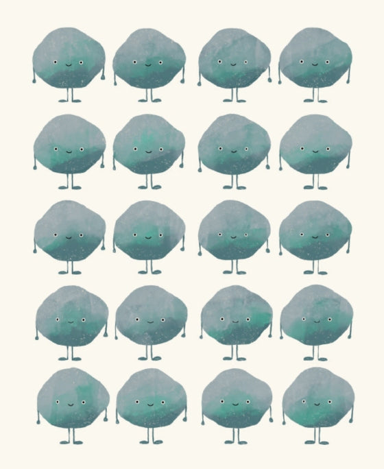 A repeating pattern of cute, round, cloud-like characters with small arms and legs, colored in a teal-to-sage gradient on a warm cream background.