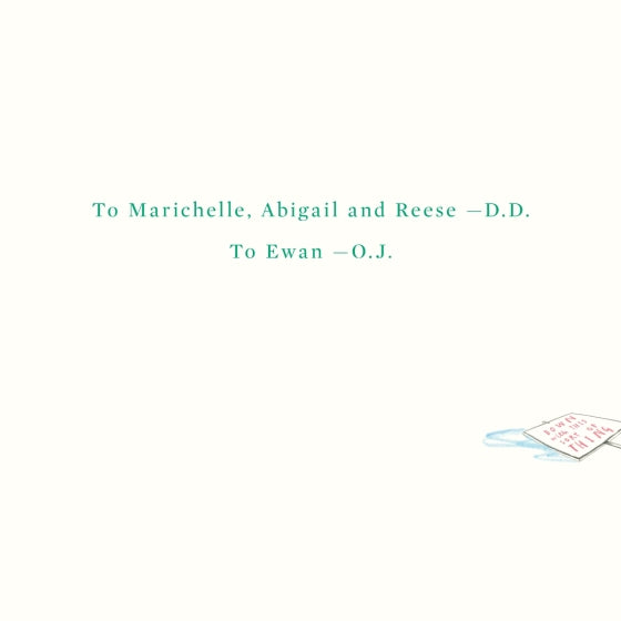 A minimalist cream-colored card or print with teal text reading 'To Marichelle, Abigail and Reese -D.D.