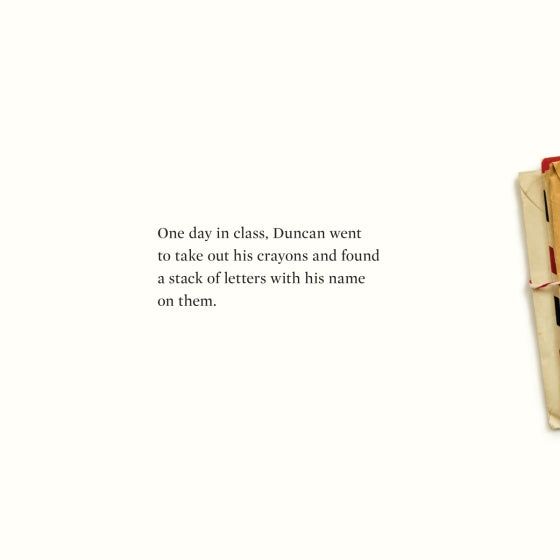 A minimalist book or poster page with a short story excerpt in black serif text on a warm off-white background, with a small cropped illustration of colorful pencils in a pencil case at the right edge.
